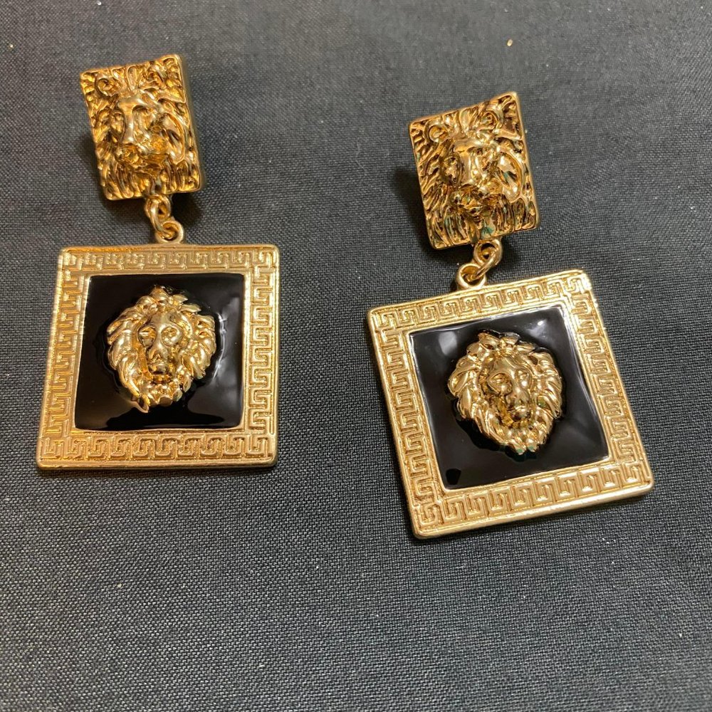 Black and Gold Post and Dangle Leo Lion Earrings